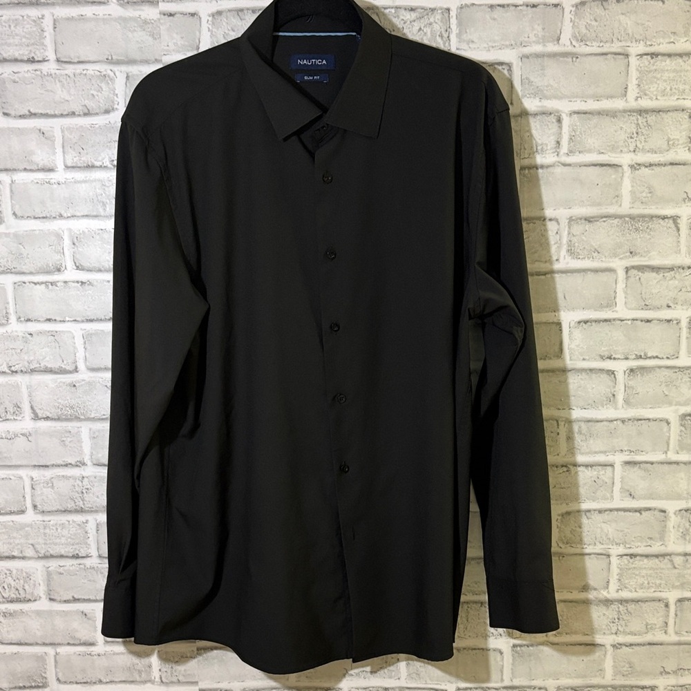 Nautica Men's Black Dress long sleeve Shirt, slim fit, 17-17.5 neck